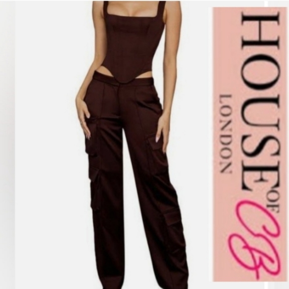 House of CB Pants - HOUSE OF CB DARIA SATIN CARGO TROUSERS IN CHOCO/OLIVE SIZE XS NWOT